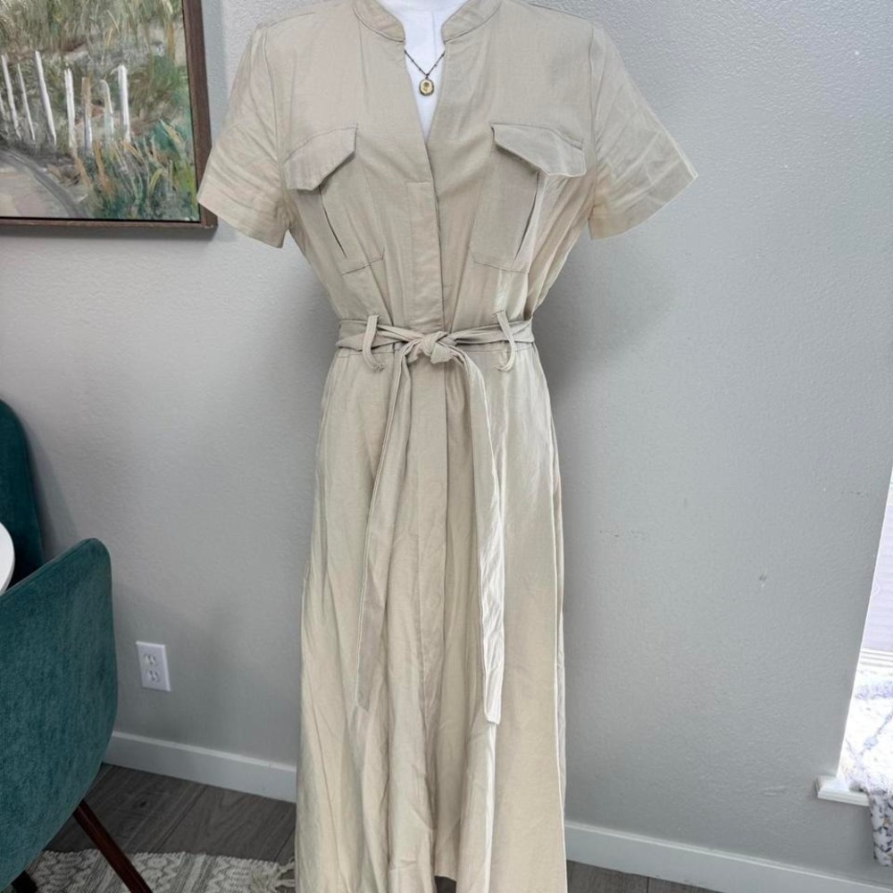 Neutral Linen Blend Midi Shirt Dress‎ | Minimal Capsule Wardrobe